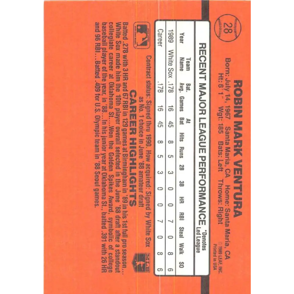 1990 Donruss #28 Robin Ventura VG-EX Chicago White Sox Baseball Card Image 2