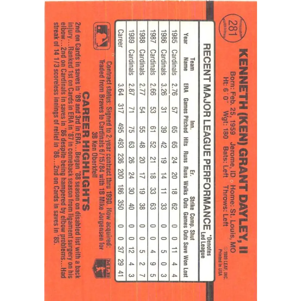 1990 Donruss #281 Ken Dayley VG-EX St. Louis Cardinals Baseball Card Image 2