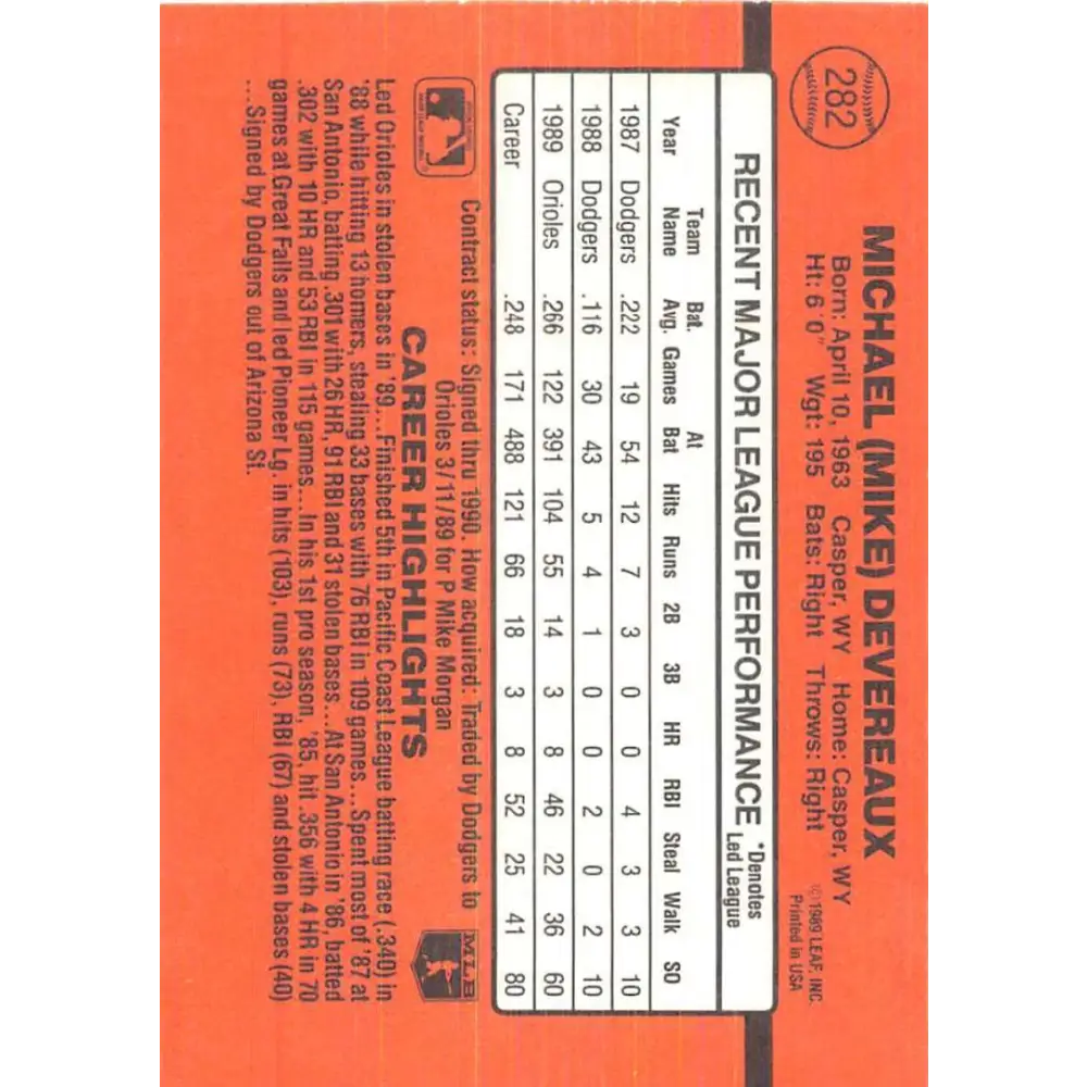 1990 Donruss #282 Mike Devereaux VG-EX Baltimore Orioles Baseball Card Image 2