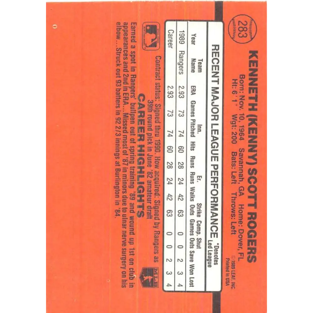 1990 Donruss #283 Kenny Rogers VG-EX Texas Rangers Baseball Card Image 2