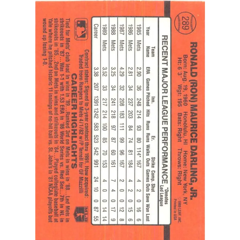1990 Donruss #289 Ron Darling VG-EX New York Mets Baseball Card Image 2