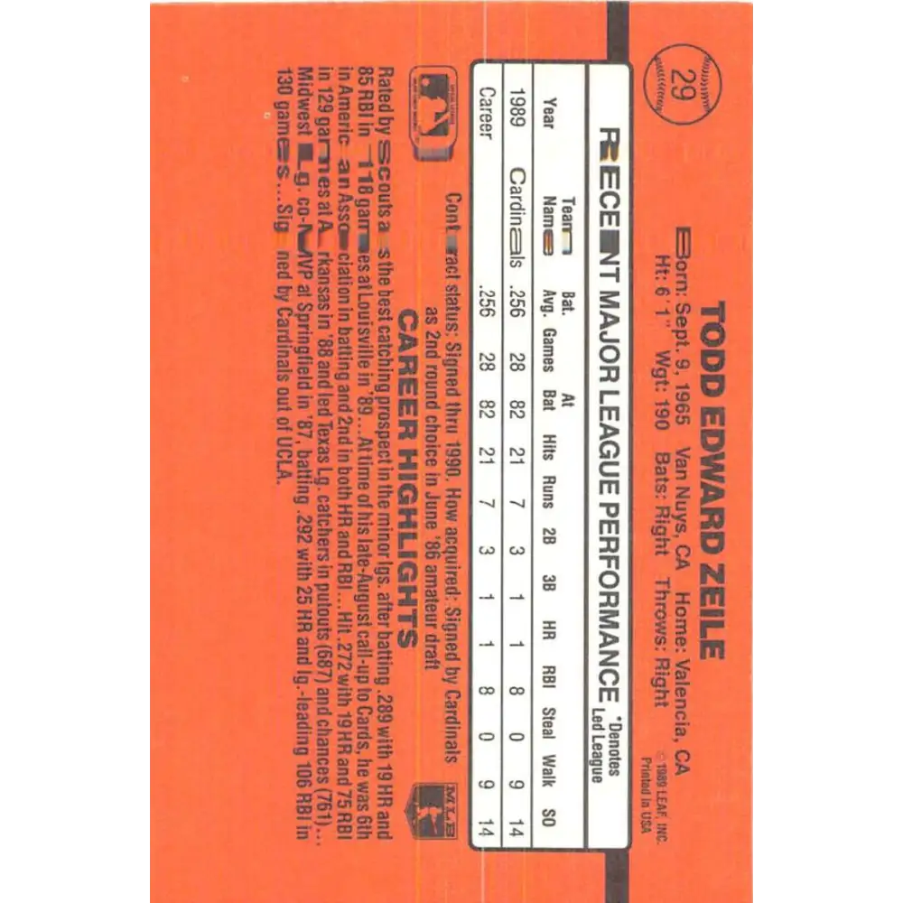 1990 Donruss #29 Todd Zeile VG-EX St. Louis Cardinals Baseball Card Image 2