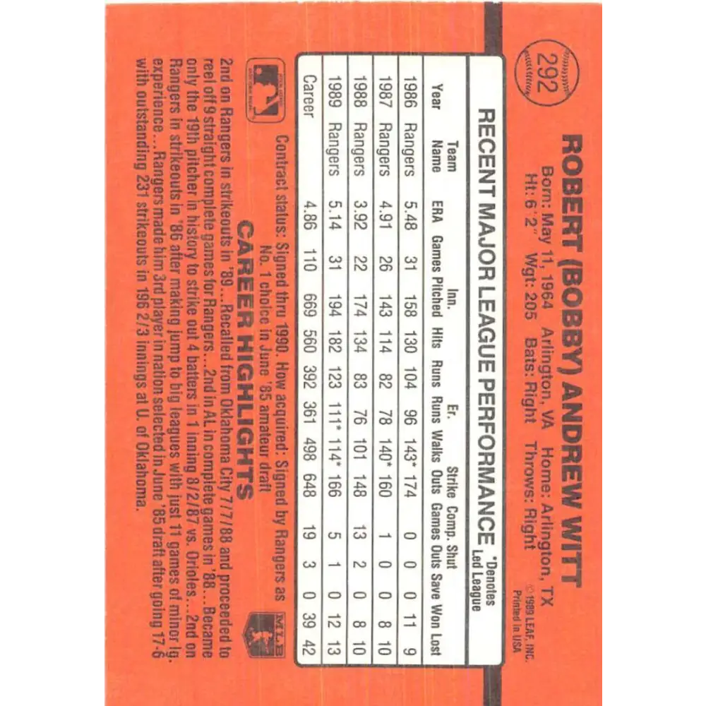 1990 Donruss #292 Bobby Witt VG-EX Texas Rangers Baseball Card Image 2