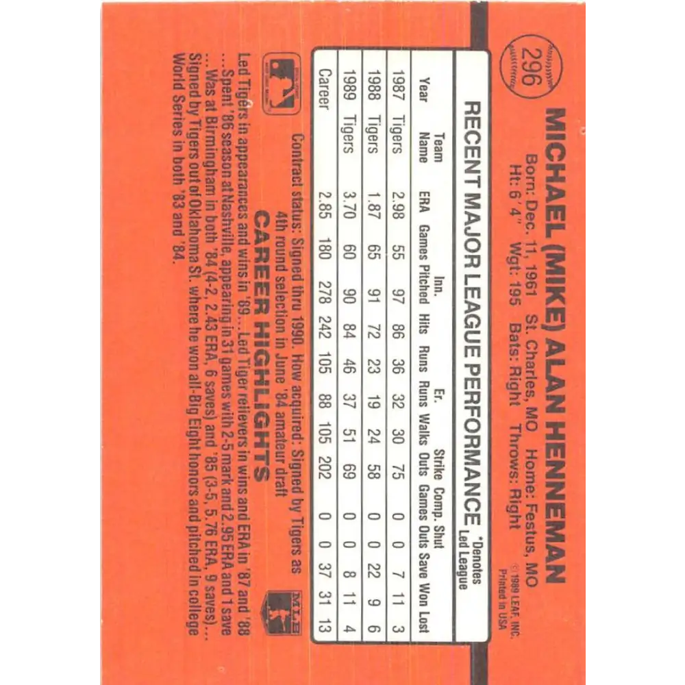 1990 Donruss #296 Mike Henneman VG-EX Detroit Tigers Baseball Card Image 2
