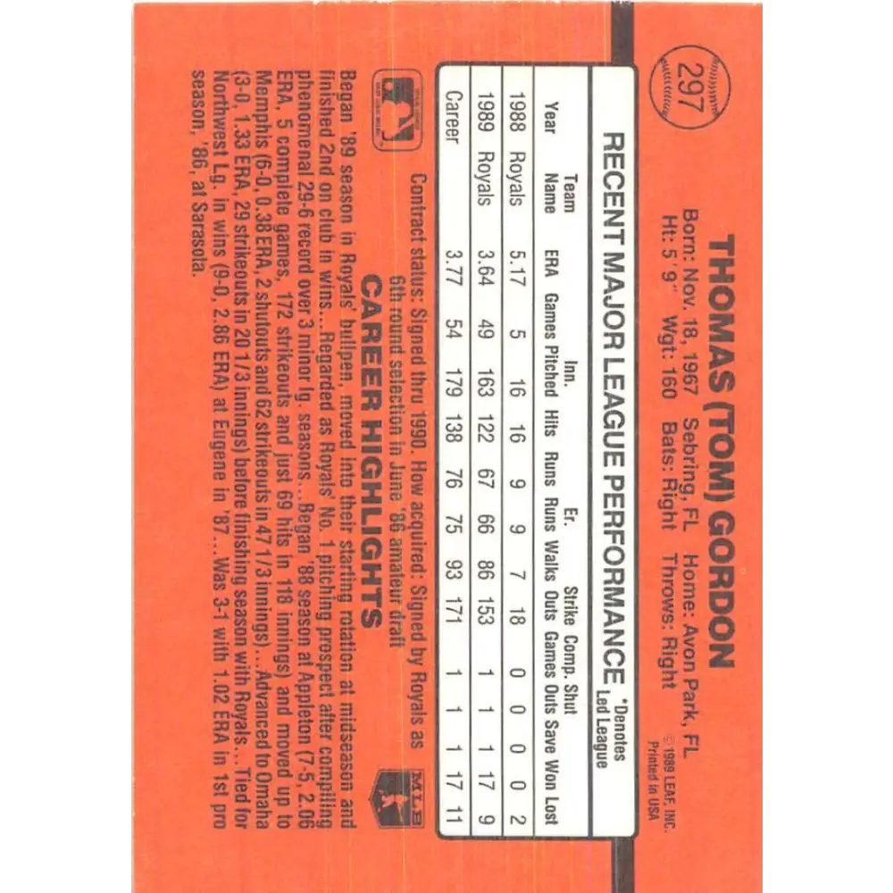 1990 Donruss #297 Tom Gordon VG-EX Kansas City Royals Baseball Card Image 2