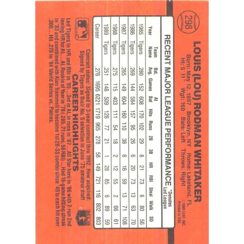 1990 Donruss #298 Lou Whitaker VG-EX Detroit Tigers Baseball Card Image 2
