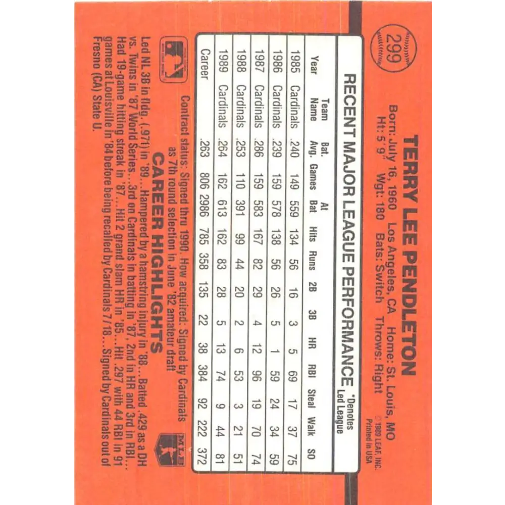 1990 Donruss #299 Terry Pendleton VG-EX St. Louis Cardinals Baseball Card Image 2