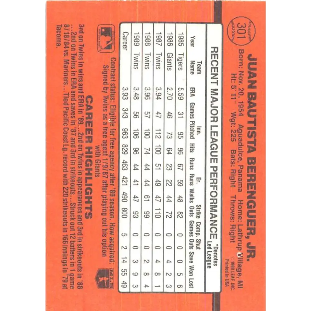 1990 Donruss #301 Juan Berenguer VG-EX Minnesota Twins Baseball Card Image 2