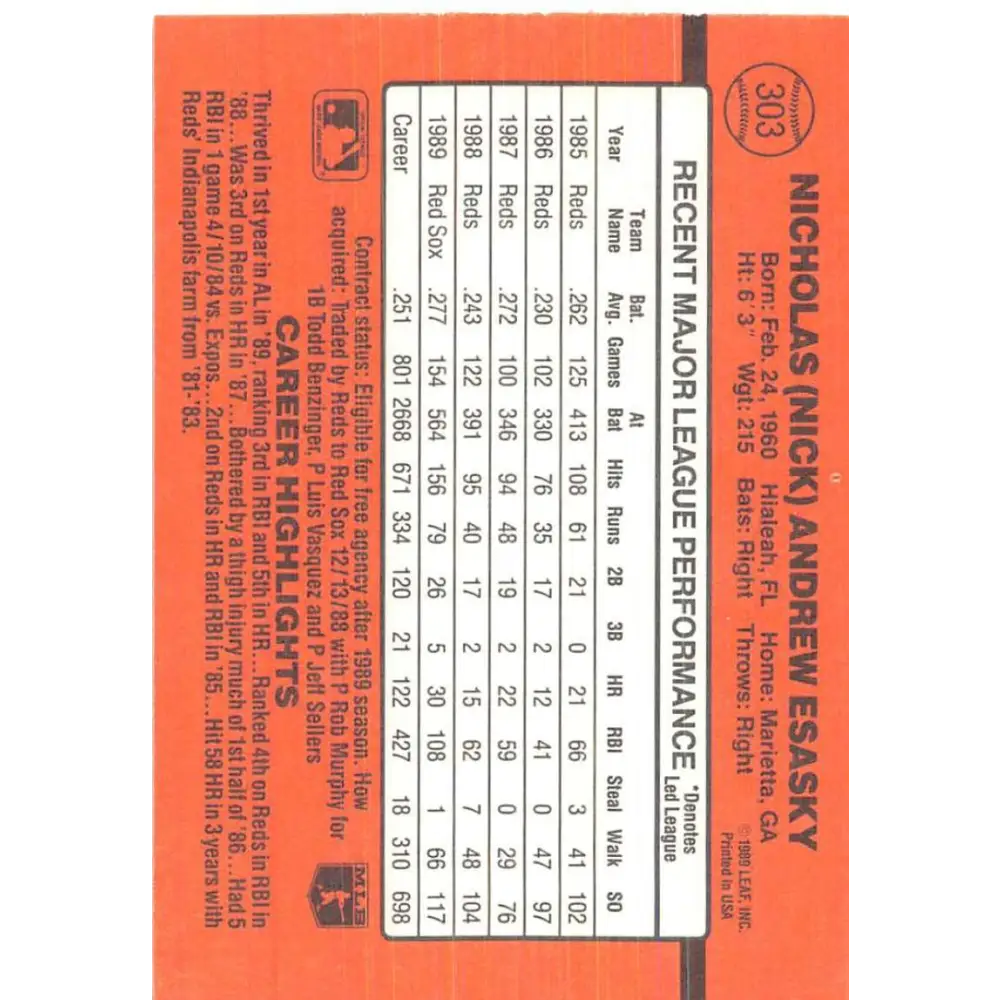 1990 Donruss #303 Nick Esasky VG-EX Boston Red Sox Baseball Card Image 2