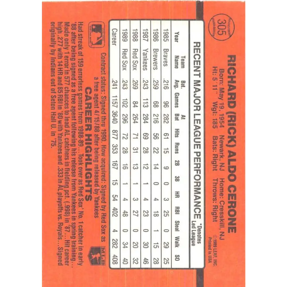 1990 Donruss #305 Rick Cerone VG-EX Boston Red Sox Baseball Card Image 2