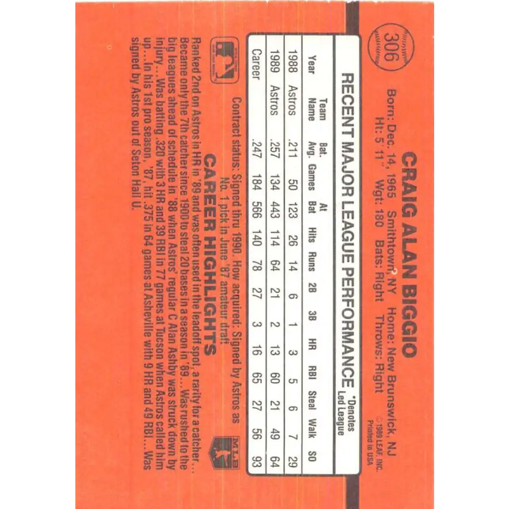 1990 Donruss #306 Craig Biggio VG-EX Houston Astros Baseball Card Image 2