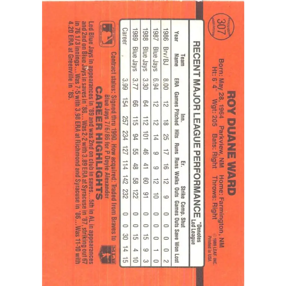 1990 Donruss #307 Duane Ward VG-EX Toronto Blue Jays Baseball Card Image 2