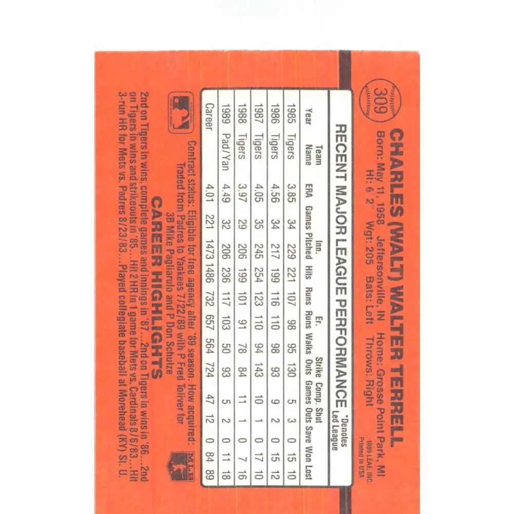 1990 Donruss #309 Walt Terrell VG-EX New York Yankees Baseball Card Image 2