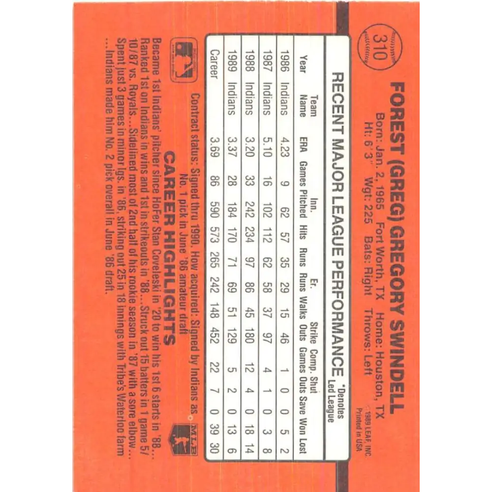 1990 Donruss #310 Greg Swindell VG-EX Cleveland Indians Baseball Card Image 2