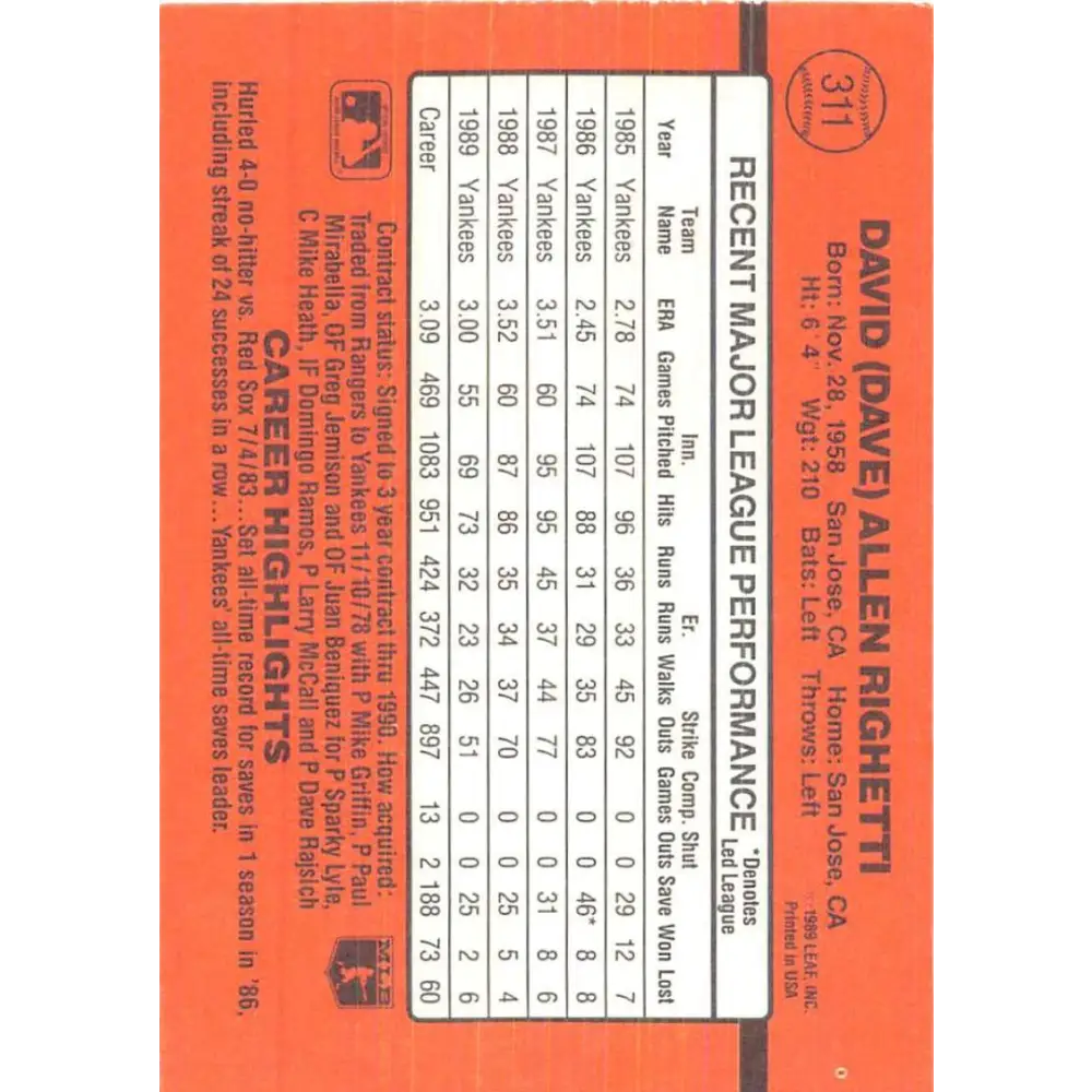 1990 Donruss #311 Dave Righetti VG-EX New York Yankees Baseball Card Image 2
