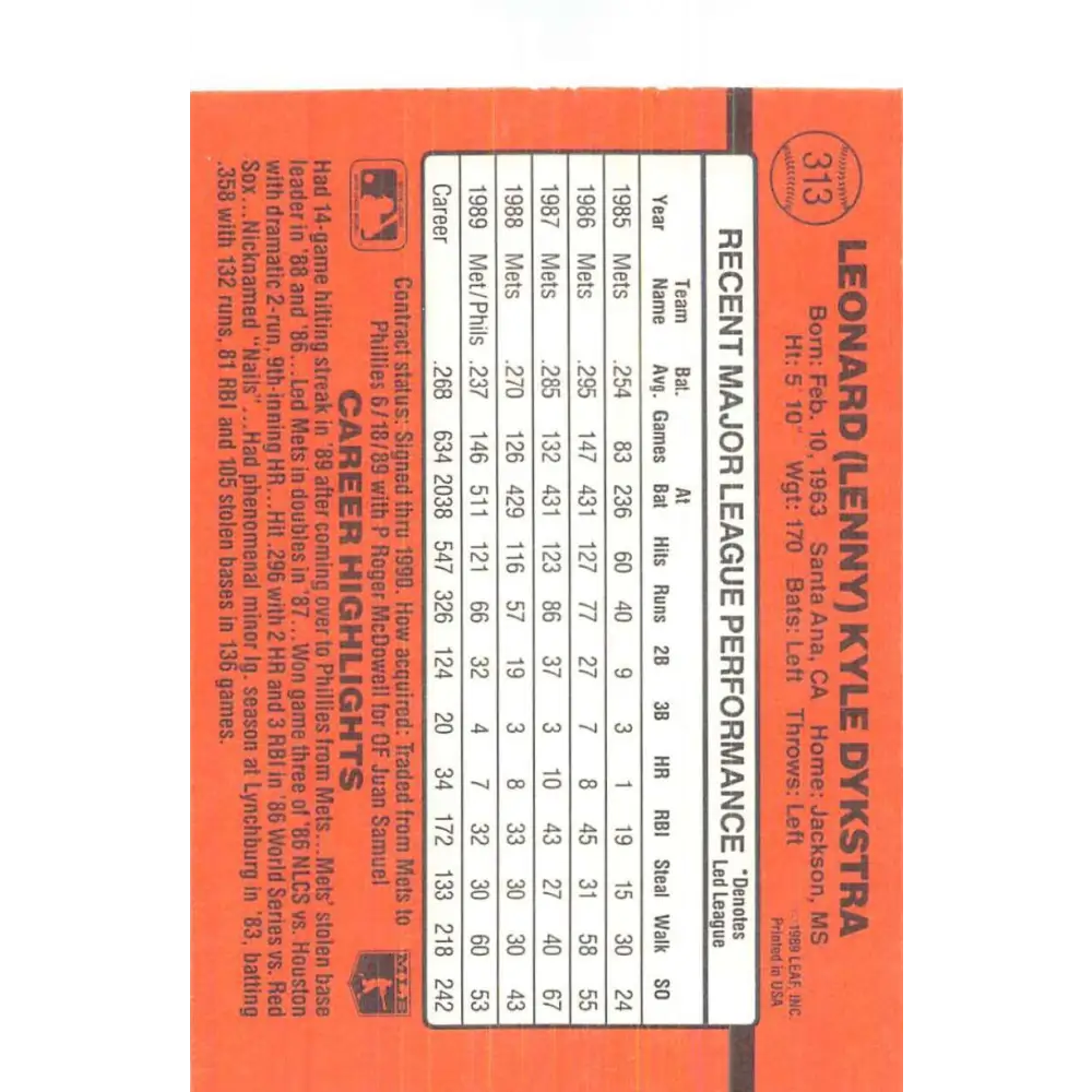 1990 Donruss #313 Lenny Dykstra VG-EX Philadelphia Phillies Baseball Card Image 2