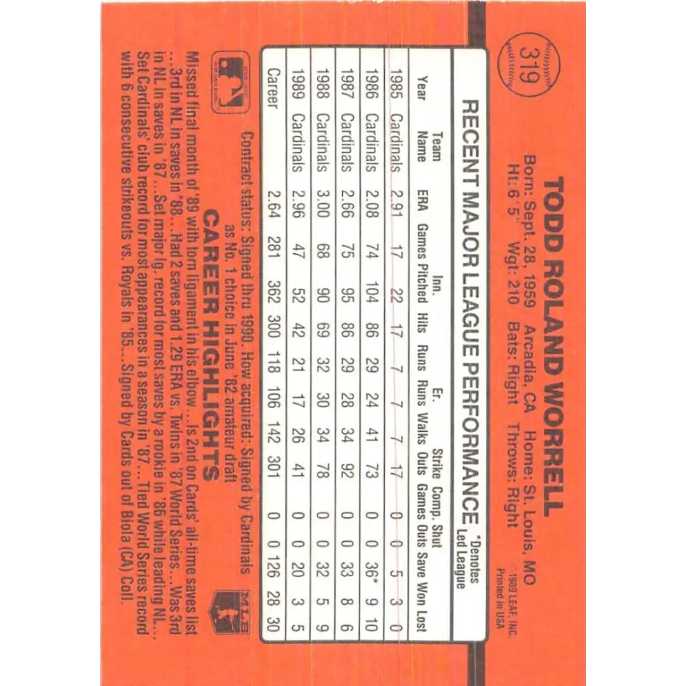1990 Donruss #319 Todd Worrell VG-EX St. Louis Cardinals Baseball Card Image 2