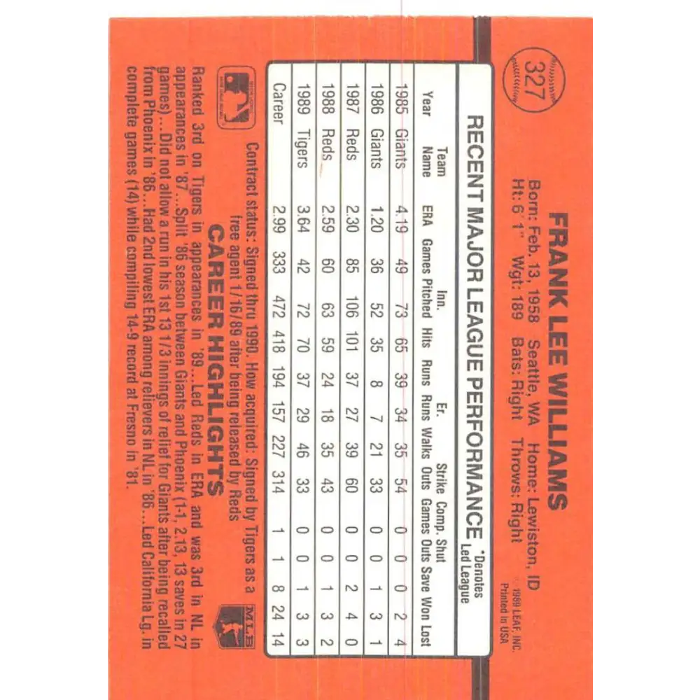 1990 Donruss #327 Frank Williams VG-EX Detroit Tigers Baseball Card Image 2