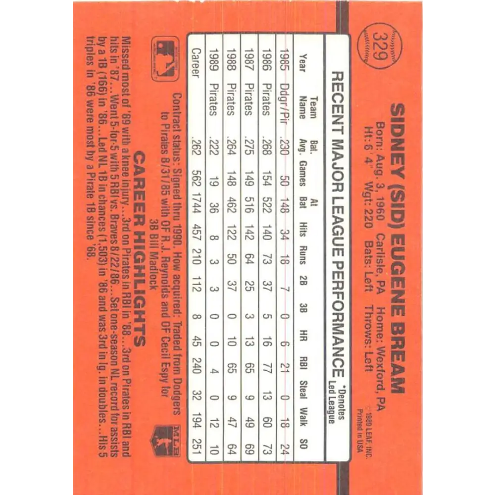 1990 Donruss #329 Sid Bream VG-EX Pittsburgh Pirates Baseball Card Image 2