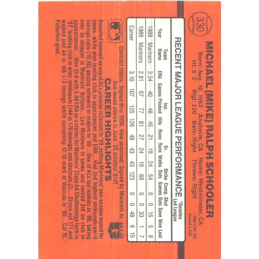 1990 Donruss #330 Mike Schooler VG-EX Seattle Mariners Baseball Card Image 2