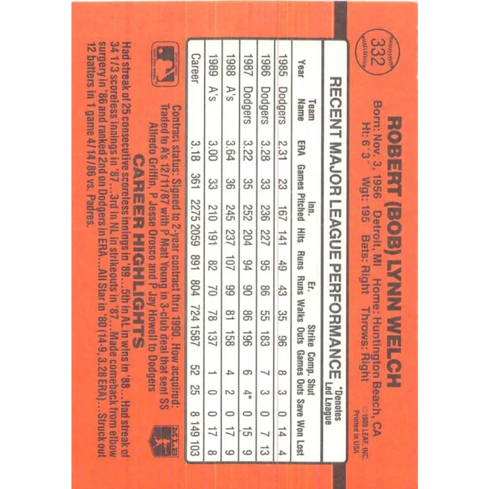 1990 Donruss #332 Bob Welch VG-EX Oakland Athletics Baseball Card Image 2