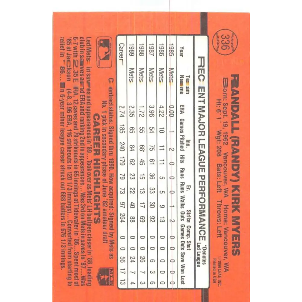 1990 Donruss #336 Randy Myers VG-EX New York Mets Baseball Card Image 2