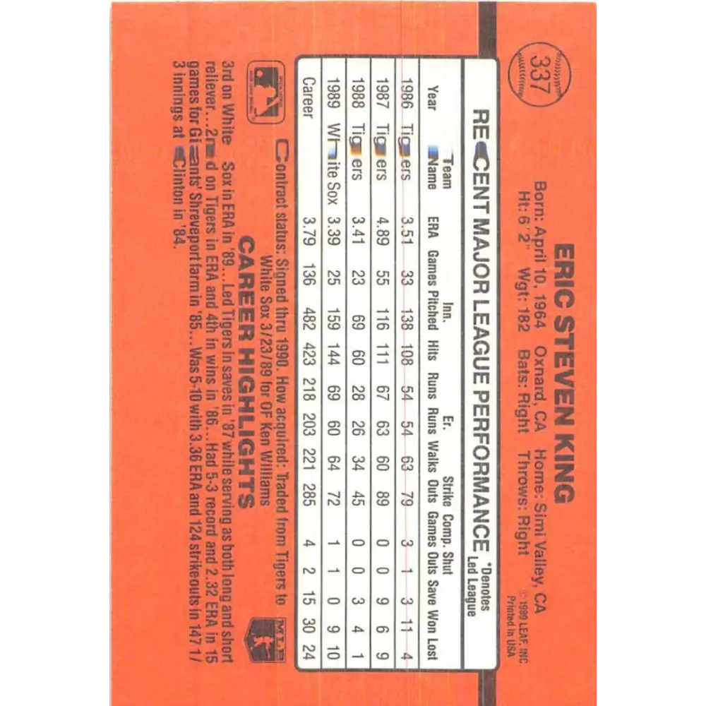 1990 Donruss #337 Eric King VG-EX Chicago White Sox Baseball Card Image 2