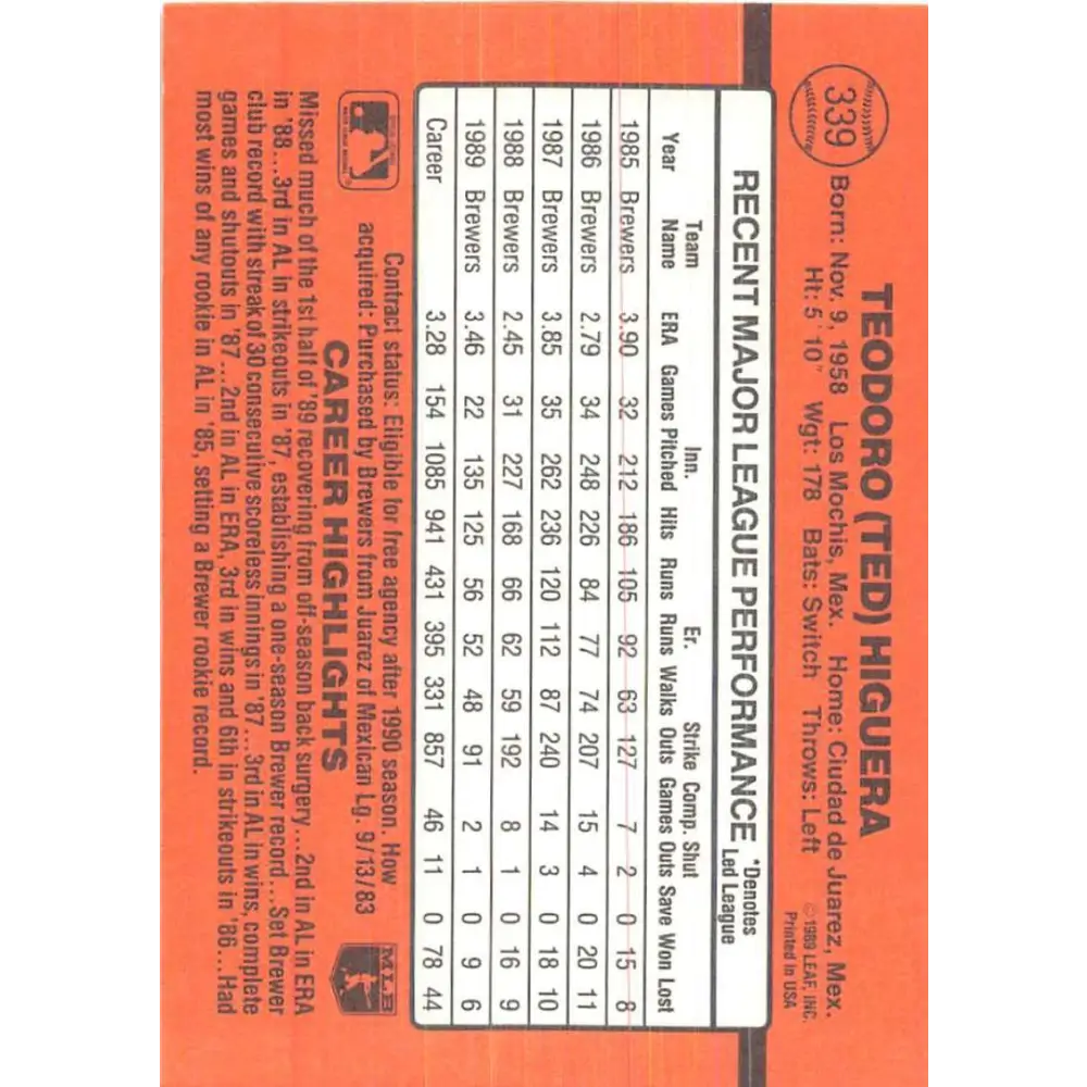 1990 Donruss #339 Teddy Higuera VG-EX Milwaukee Brewers Baseball Card Image 2