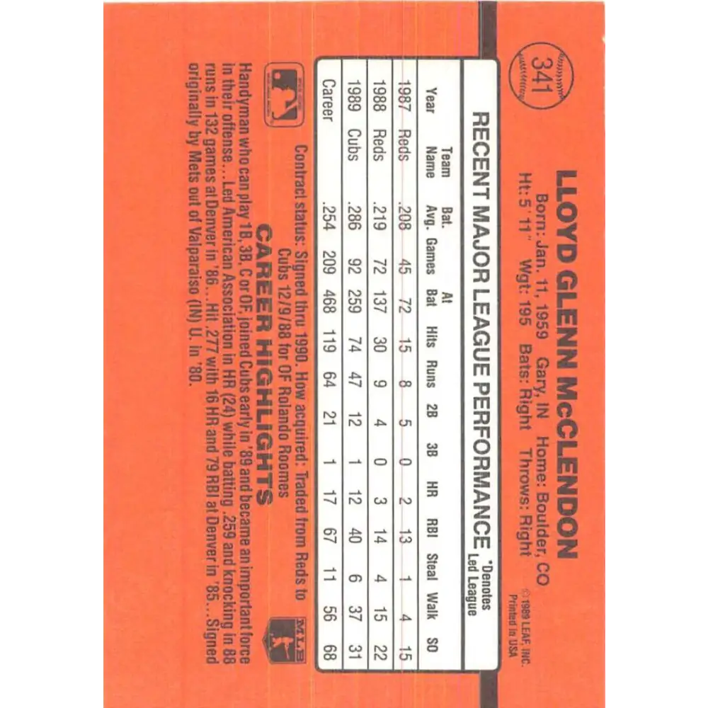 1990 Donruss #341 Lloyd McClendon VG-EX Chicago Cubs Baseball Card Image 2