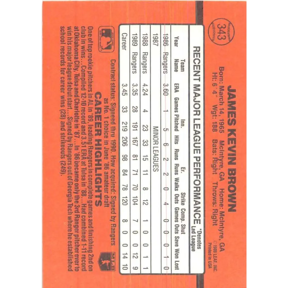 1990 Donruss #343 Kevin Brown UER VG-EX Texas Rangers Baseball Card Image 2