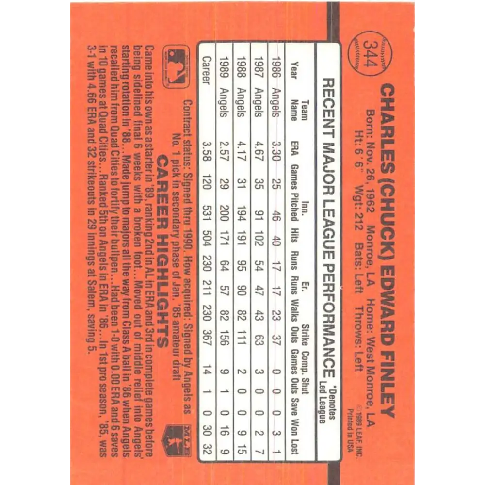 1990 Donruss #344 Chuck Finley VG-EX California Angels Baseball Card Image 2