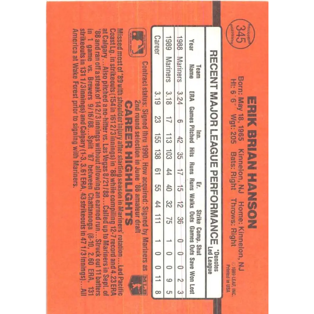 1990 Donruss #345 Erik Hanson VG-EX Seattle Mariners Baseball Card Image 2