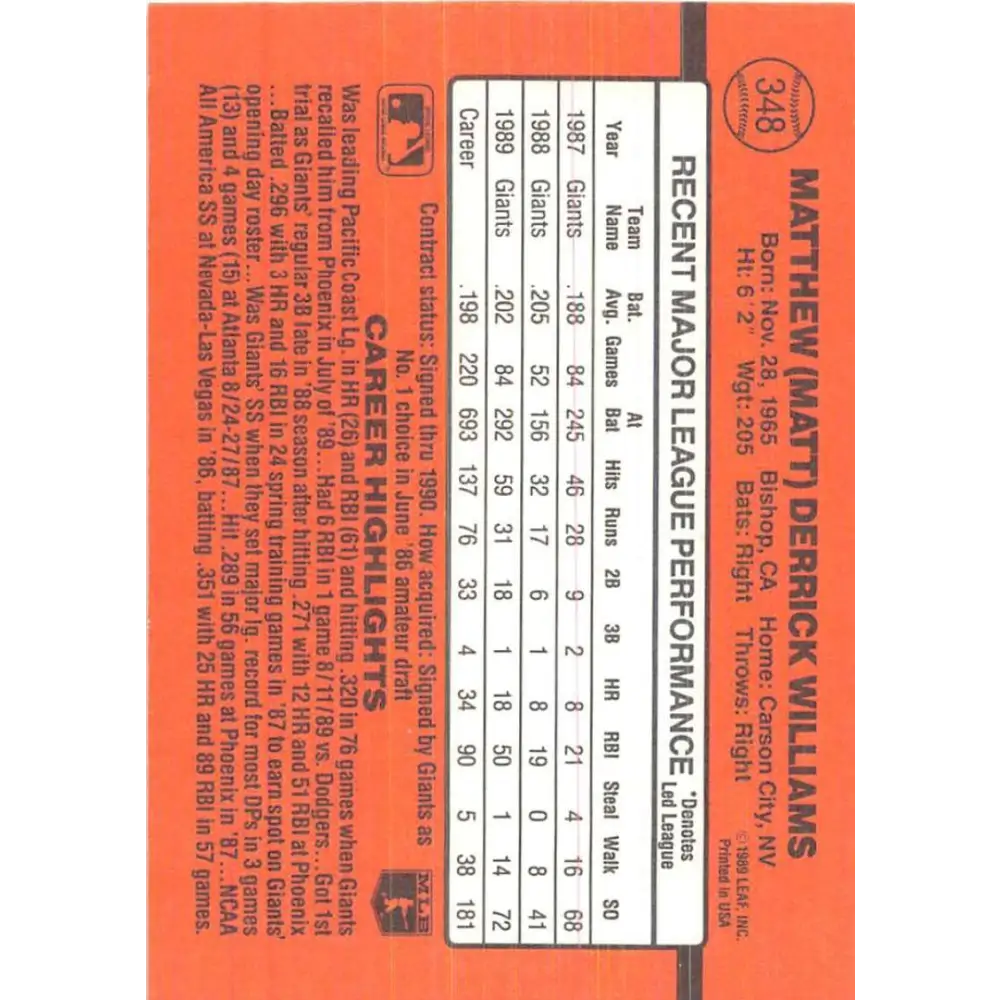 1990 Donruss #348 Matt Williams VG-EX San Francisco Giants Baseball Card Image 2
