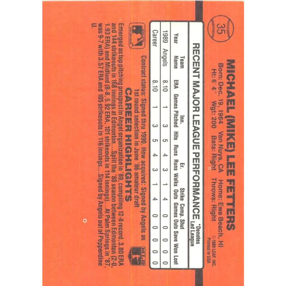 1990 Donruss #35 Mike Fetters VG-EX RC Rookie California Angels Baseball Card Image 2