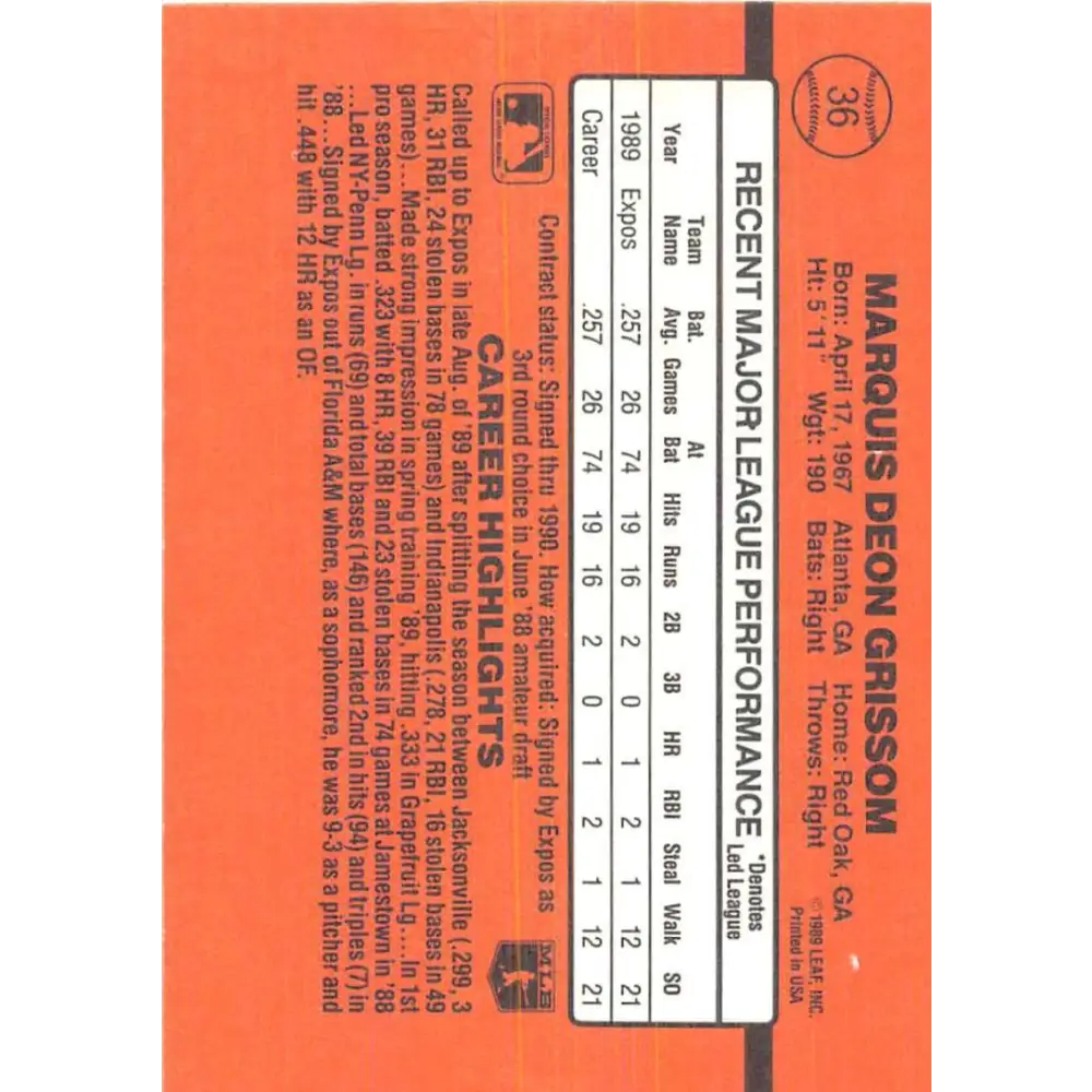 1990 Donruss #36 Marquis Grissom VG-EX RC Rookie Montreal Expos Baseball Card Image 2