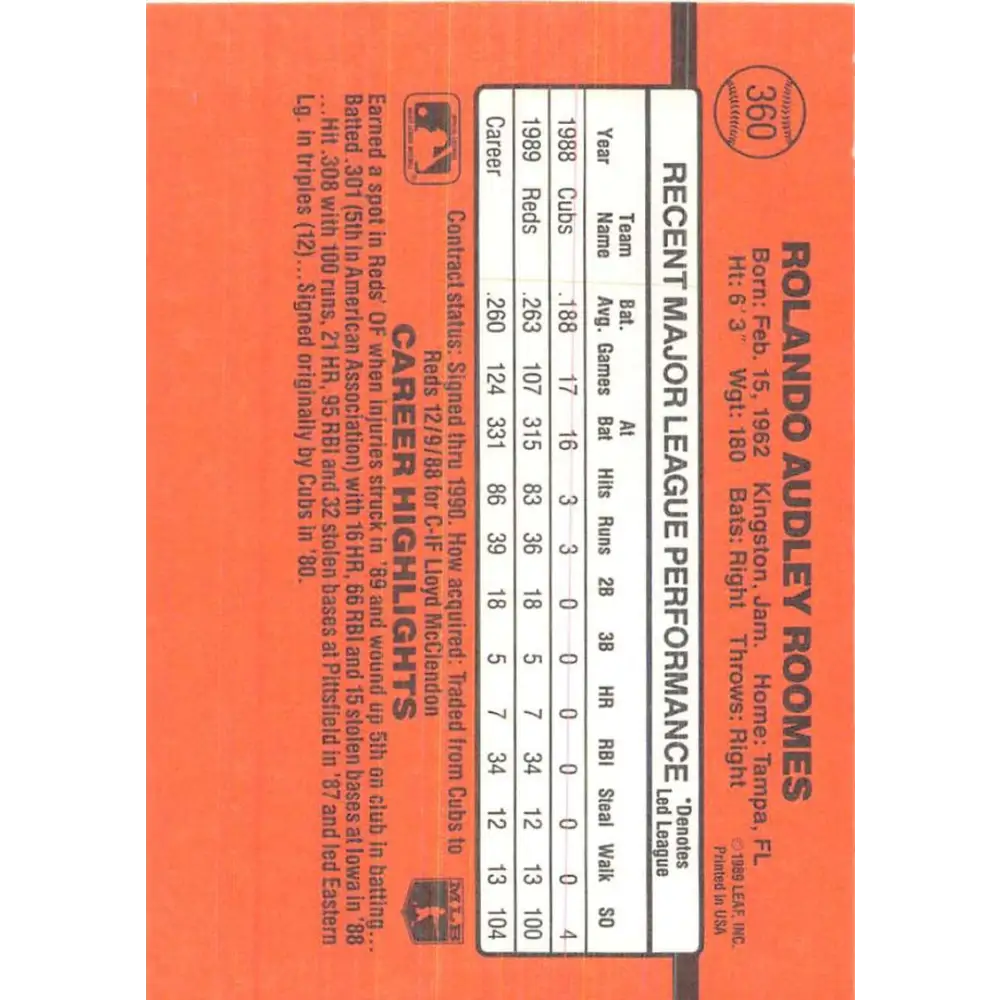 1990 Donruss #360 Rolando Roomes VG-EX Cincinnati Reds Baseball Card Image 2