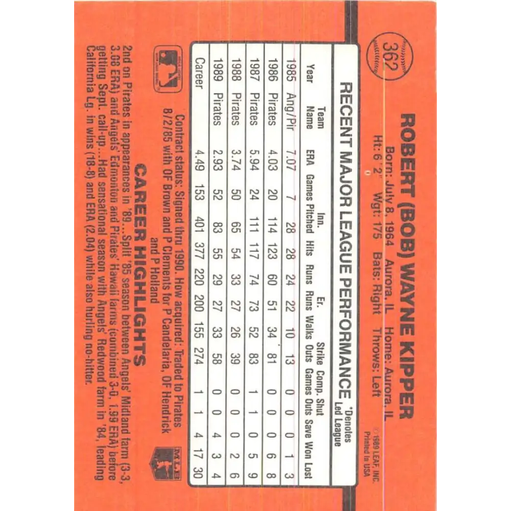 1990 Donruss #362 Bob Kipper VG-EX Pittsburgh Pirates Baseball Card Image 2