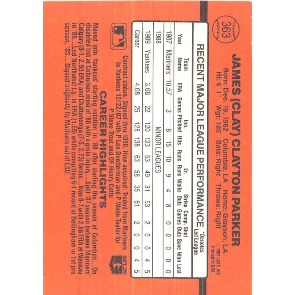 1990 Donruss #363 Clay Parker VG-EX New York Yankees Baseball Card Image 2