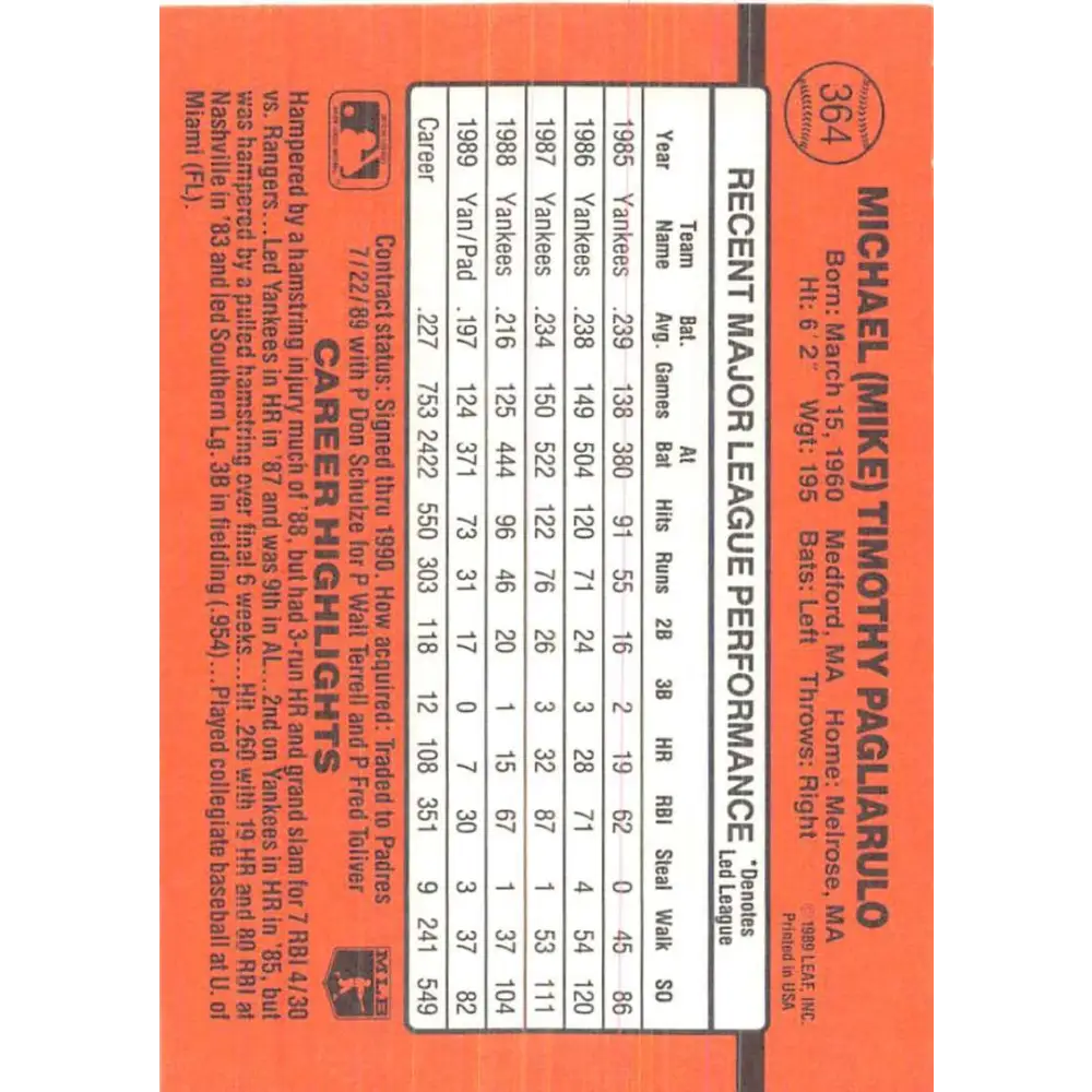 1990 Donruss #364 Mike Pagliarulo VG-EX San Diego Padres Baseball Card Image 2