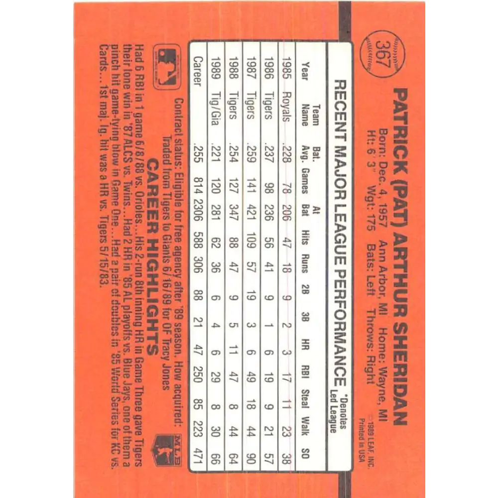 1990 Donruss #367 Pat Sheridan VG-EX San Francisco Giants Baseball Card Image 2