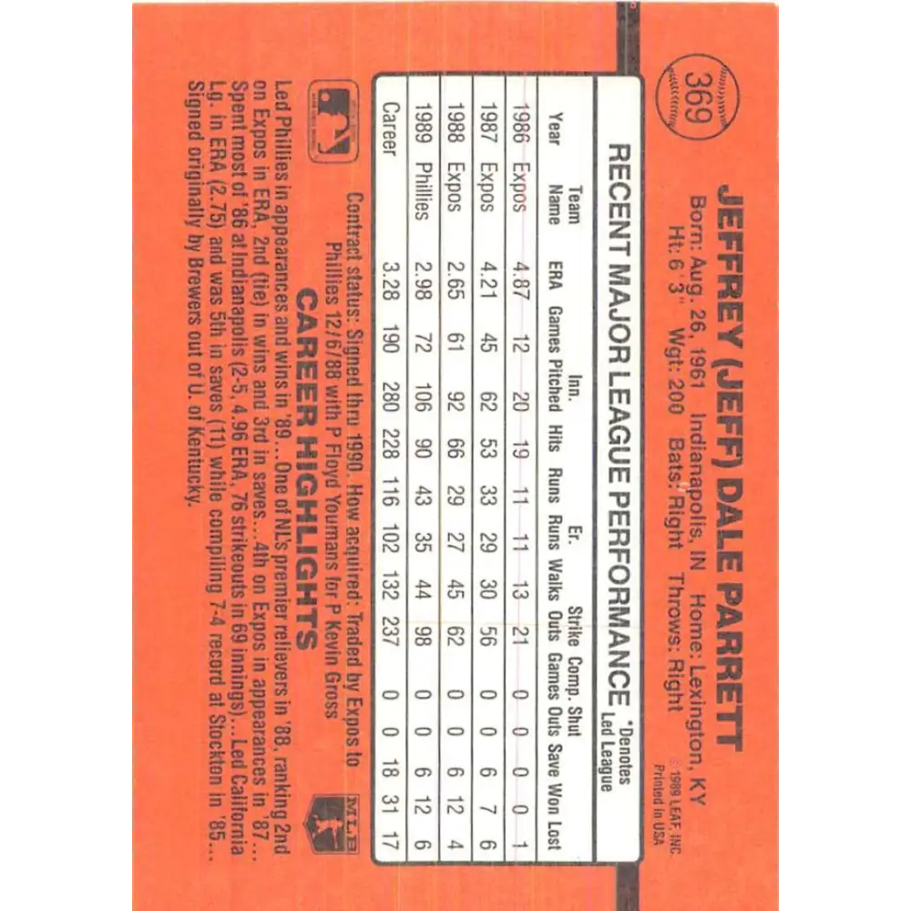 1990 Donruss #369 Jeff Parrett VG-EX Philadelphia Phillies Baseball Card Image 2