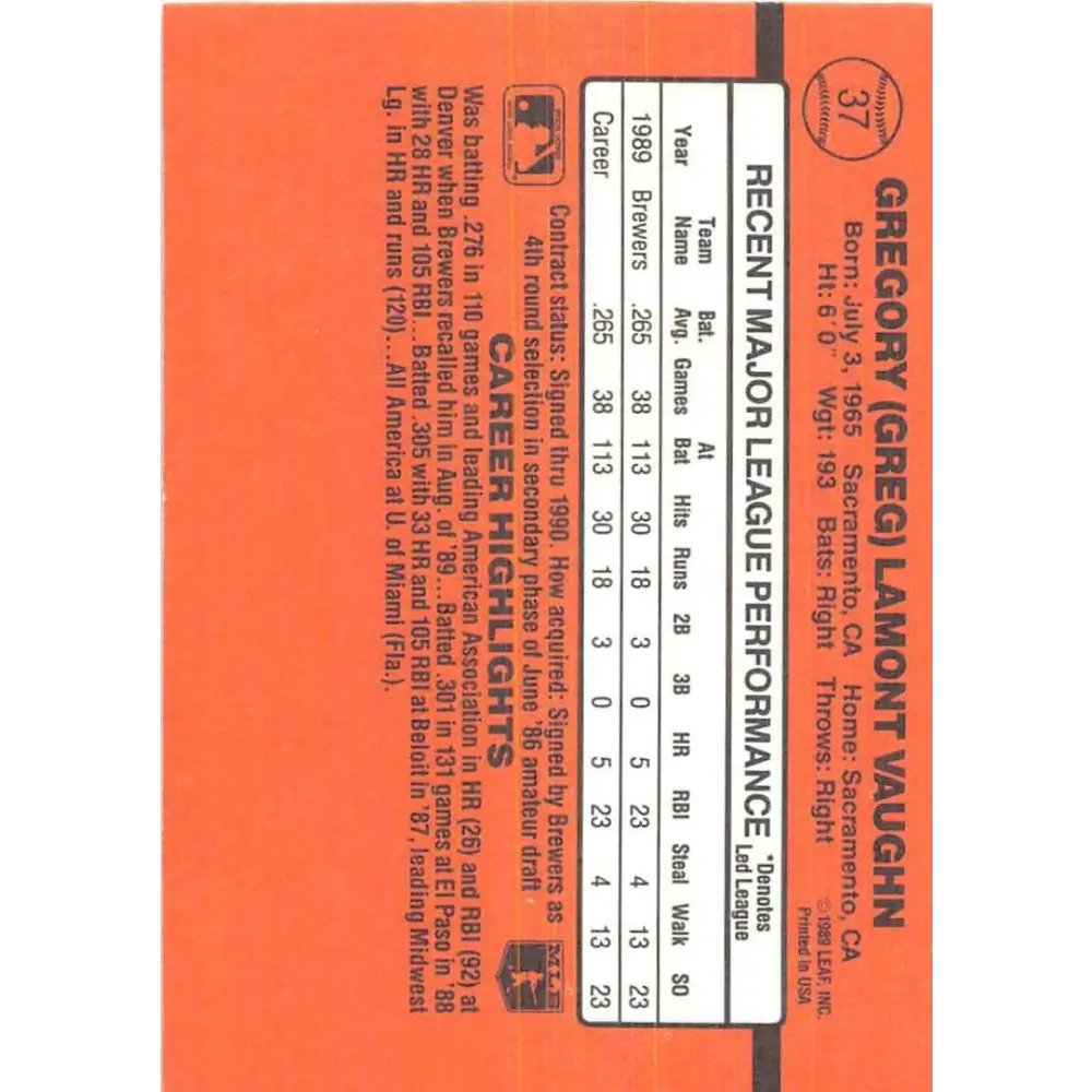 1990 Donruss #37 Greg Vaughn VG-EX Milwaukee Brewers Baseball Card Image 2