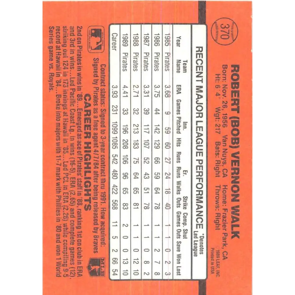 1990 Donruss #370 Bob Walk VG-EX Pittsburgh Pirates Baseball Card Image 2