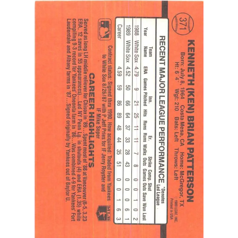 1990 Donruss #371 Ken Patterson VG-EX Chicago White Sox Baseball Card Image 2