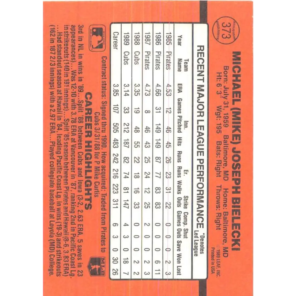 1990 Donruss #373 Mike Bielecki VG-EX Chicago Cubs Baseball Card Image 2