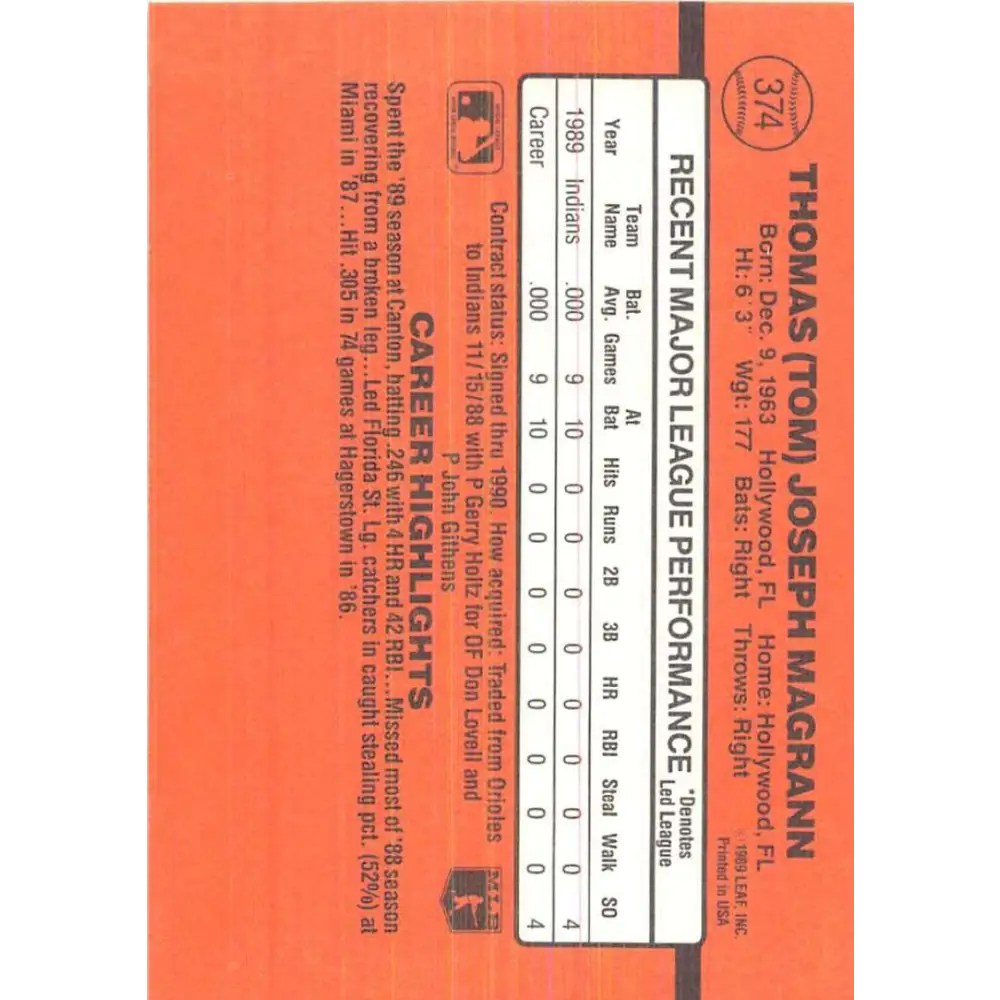 1990 Donruss #374 Tom Magrann VG-EX RC Rookie Cleveland Indians Baseball Card Image 2