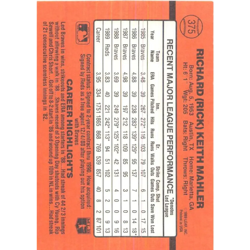 1990 Donruss #375 Rick Mahler VG-EX Cincinnati Reds Baseball Card Image 2