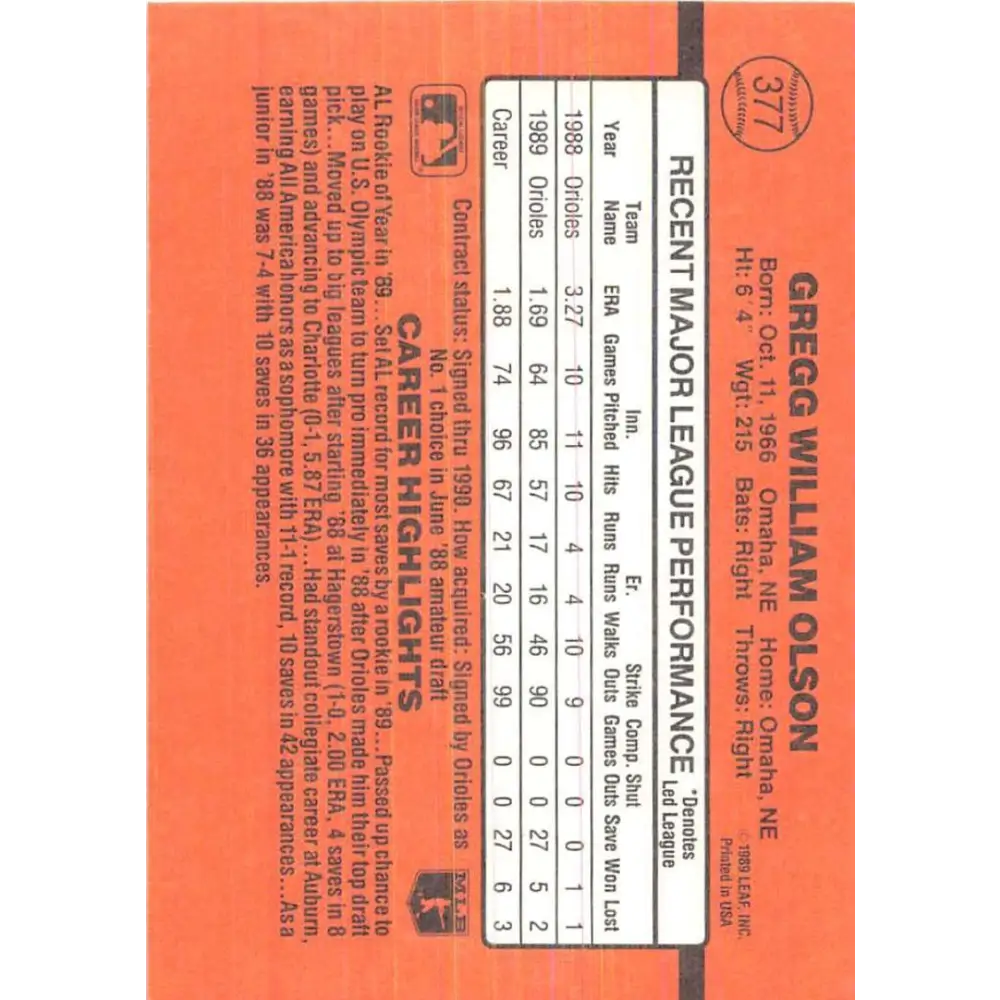 1990 Donruss #377 Gregg Olson VG-EX Baltimore Orioles Baseball Card Image 2