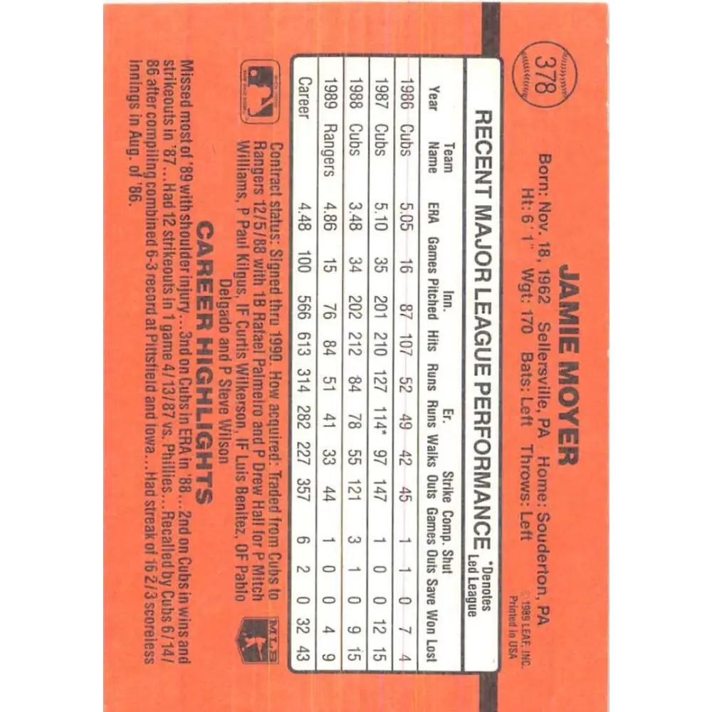 1990 Donruss #378 Jamie Moyer VG-EX Texas Rangers Baseball Card Image 2