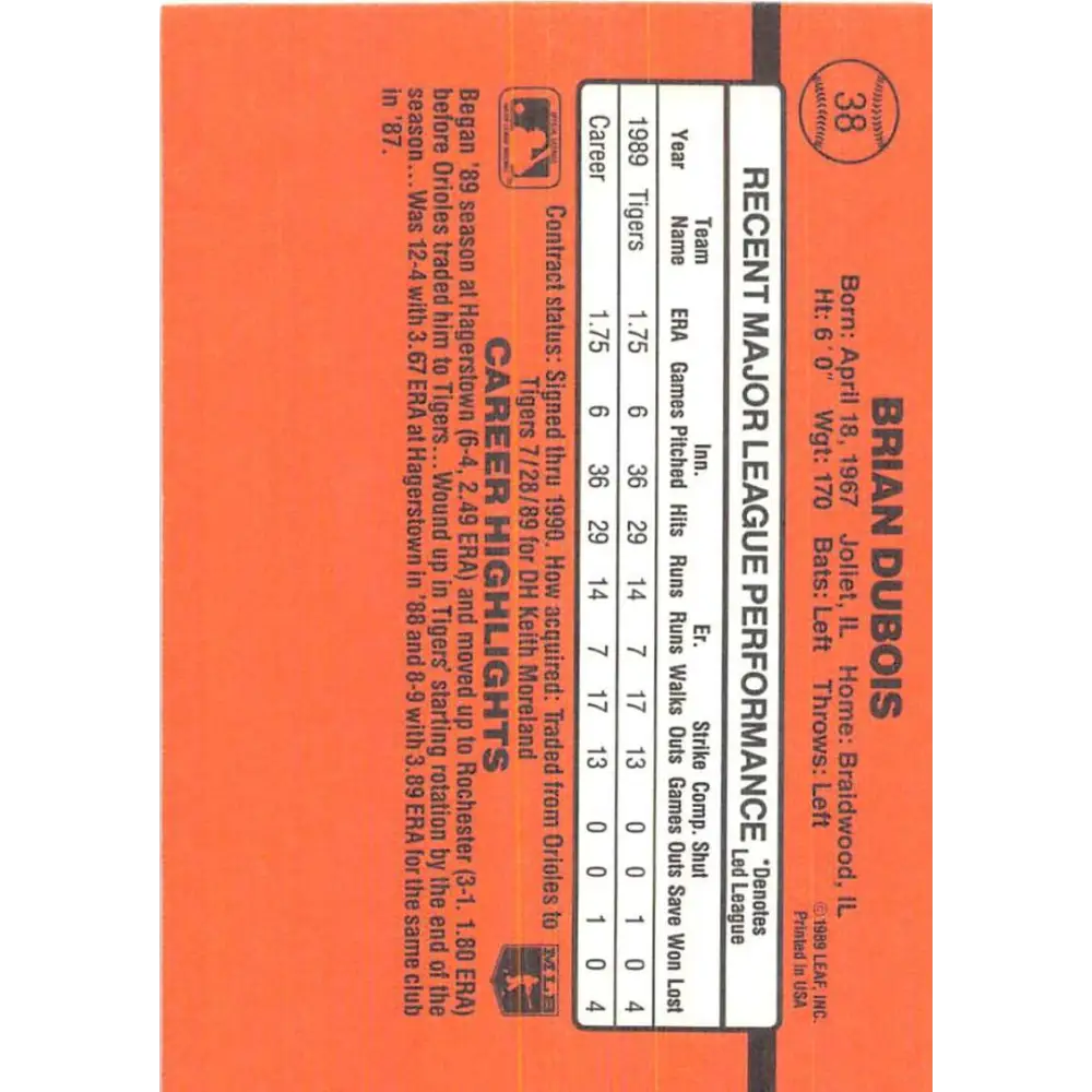 1990 Donruss #38 Brian DuBois VG-EX RC Rookie Detroit Tigers Baseball Card Image 2